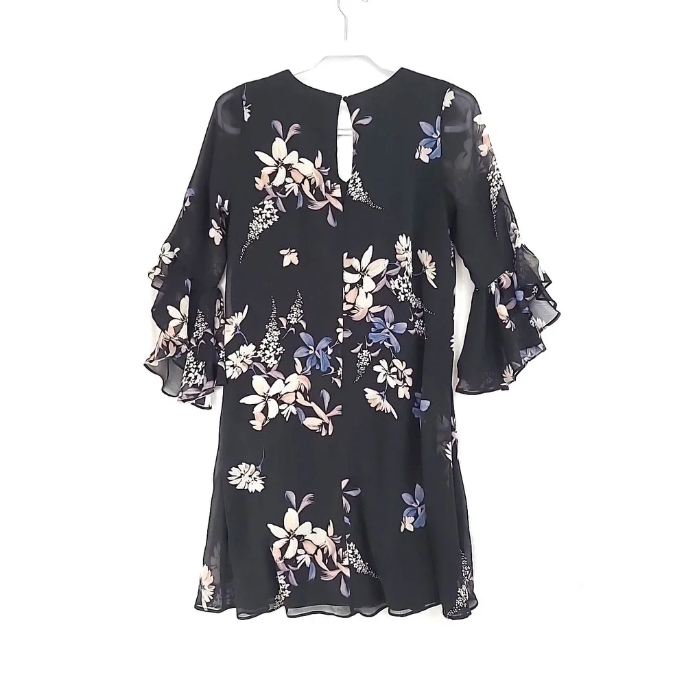 Calvin Klein Dress Sz 6 Black Chiffon Ruffles Floral Whimsigoth Fairy‎ Event EUC